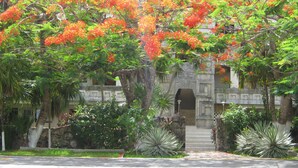 A building with a stone facade, a central entrance with steps, and surrounding lush greenery. - Small is Beautiful. Relax ON the beach, convenient & near the Presidential Villa (Cozumel)