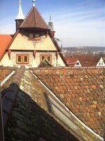A traditional building with a steeply pitched roof, a visible chimney, and a small tower with a spire.