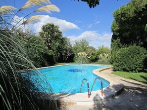 Une piscine à bord incurvé, entourée d’une végétation luxuriante et d’arbres.