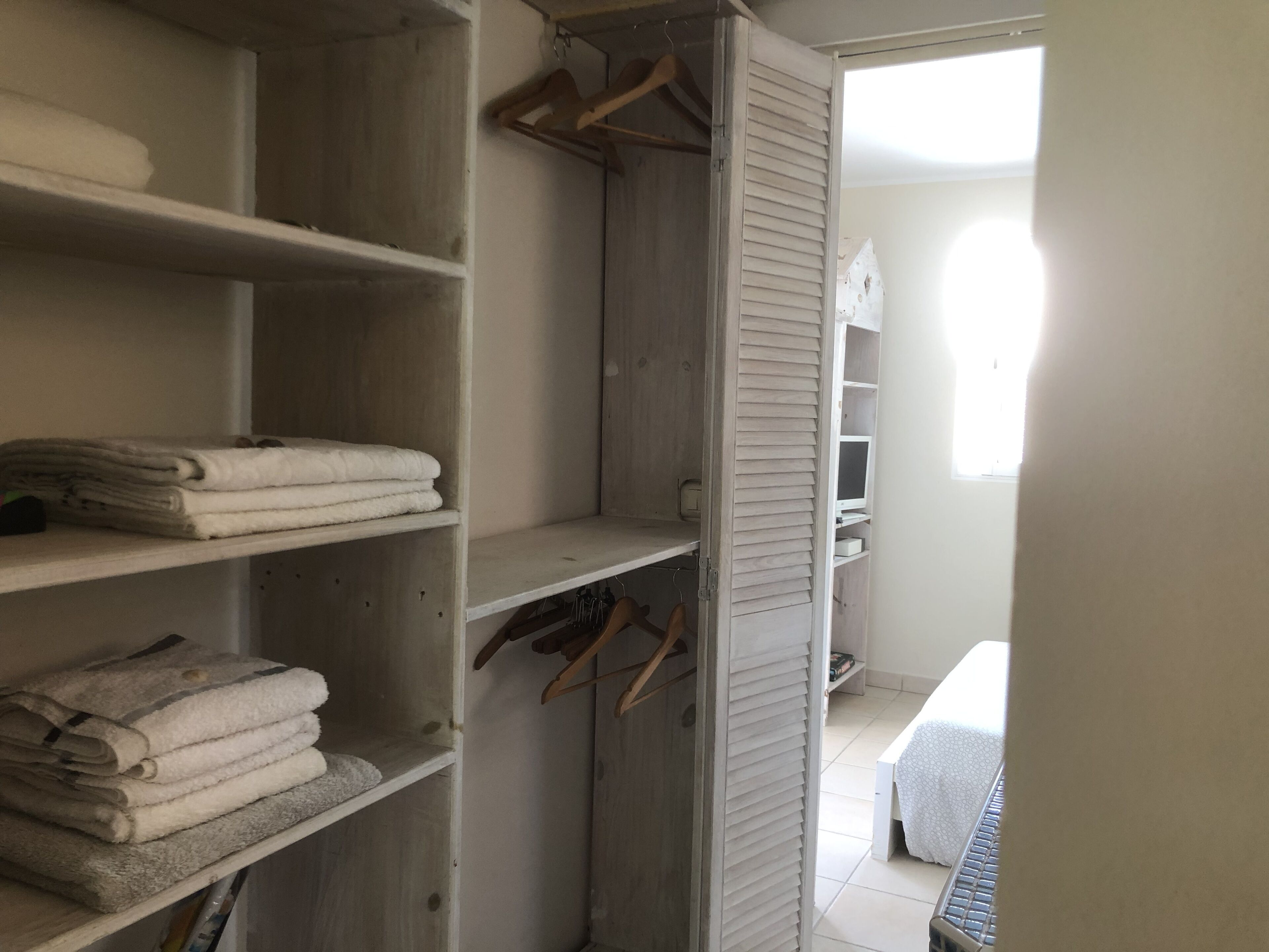 A walk-in closet with shelves and hanging space, a wooden door, and a window with natural light.