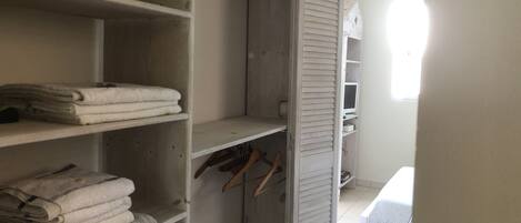 A walk-in closet with shelves and hanging space, a wooden door, and a window with natural light.