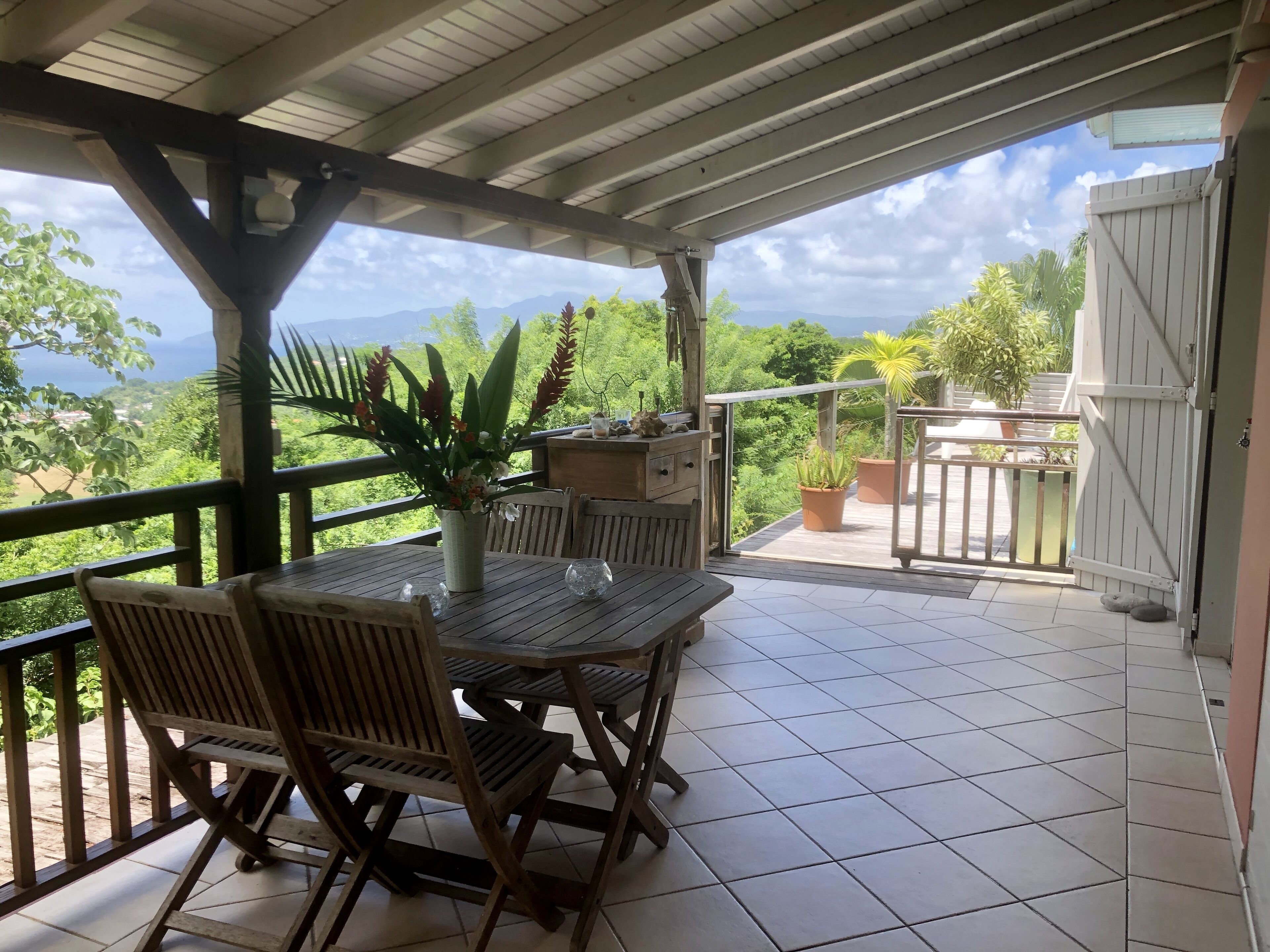 A covered outdoor area with a wooden table and chairs, a potted plant, and a view of greenery and mountains.