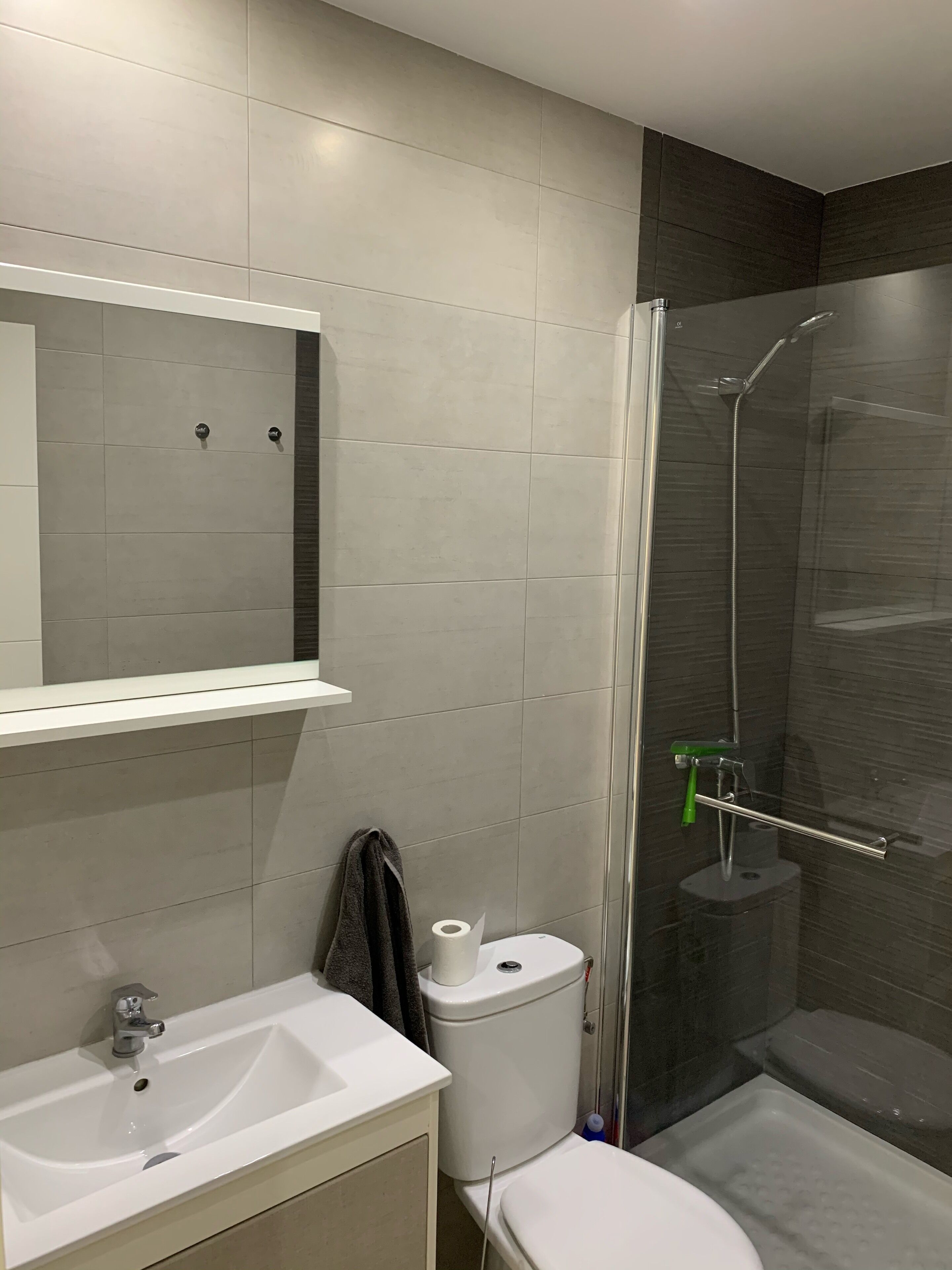 A modern bathroom with a white sink, a toilet, and a glass-enclosed shower.
