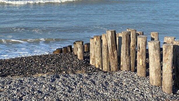 Una costa rocosa con postes de madera y una playa de guijarros.