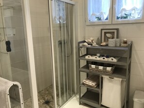 Douche, sèche-cheveux, serviettes fournies, papier toilette
