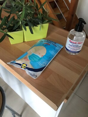 Un paquet de masques jetables de la marque LIDL est posé sur une table en bois, à côté d’une bouteille de gel hydroalcoolique QuickNet.
