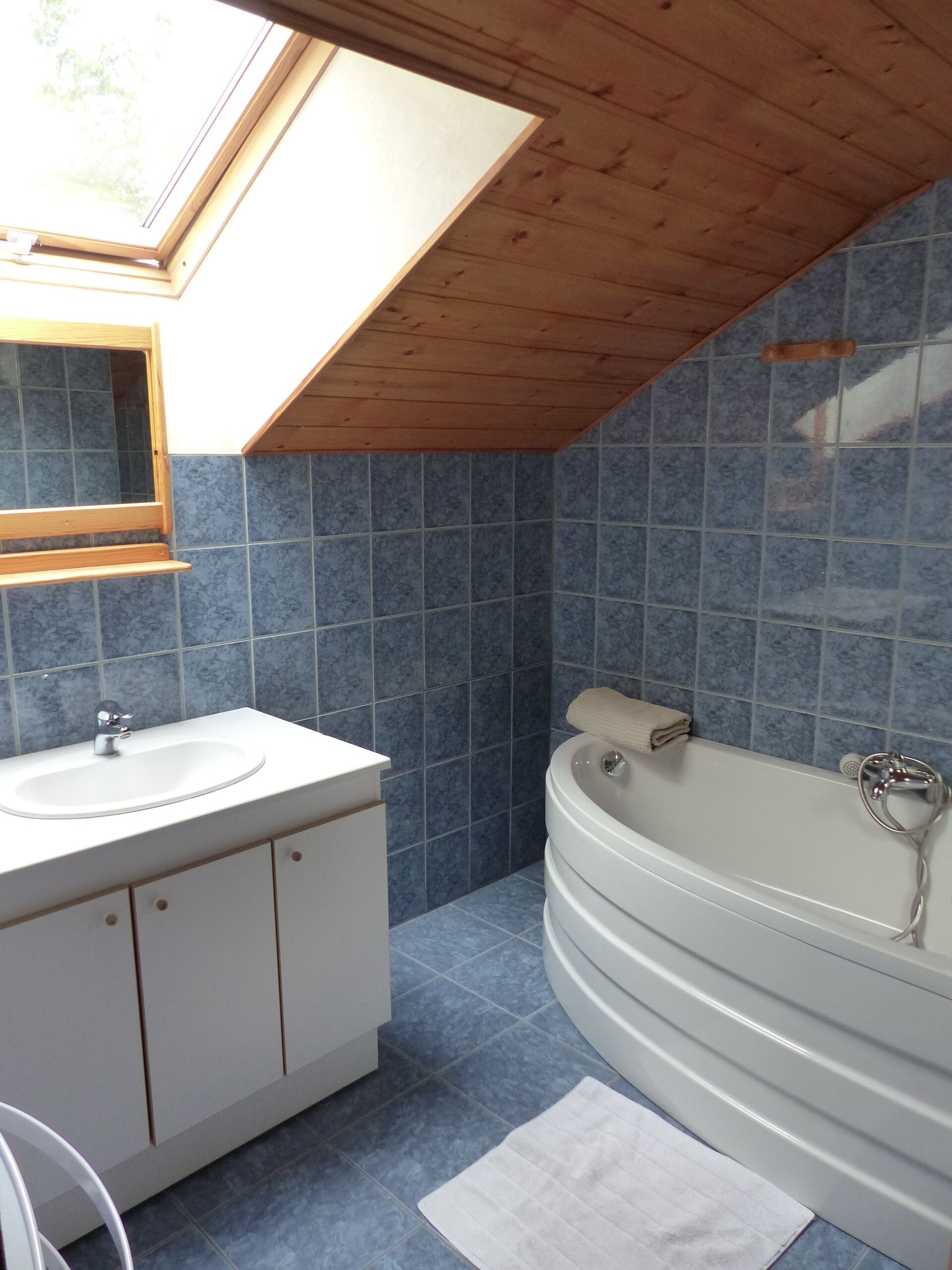Une salle de bain avec un puits de lumière, un lavabo, une baignoire et des carreaux bleus.