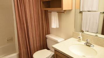 Combined shower/tub, hair dryer, towels, soap