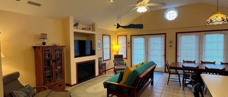 Smart TV, fireplace, DVD player, books