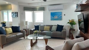 A living room with two sofas, a coffee table, and a TV. There are windows, a ceiling fan, and a painting on the wall.