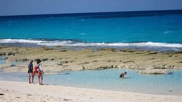 Una playa cerca, sillas reclinables de playa, toallas de playa