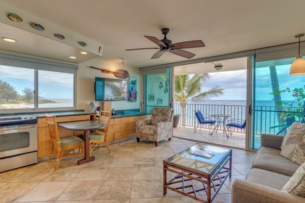 TV, DVD player, books, streaming services - Beachfront 1-bedroom corner condo on Kameole Beach II, with two ocean views. (Kihei)