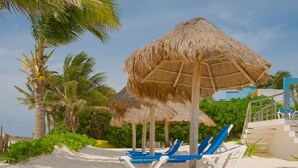 Una playa con sombrillas de paja, sillas de descanso azules y palmeras.