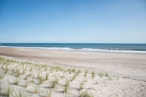 On the beach, sun loungers