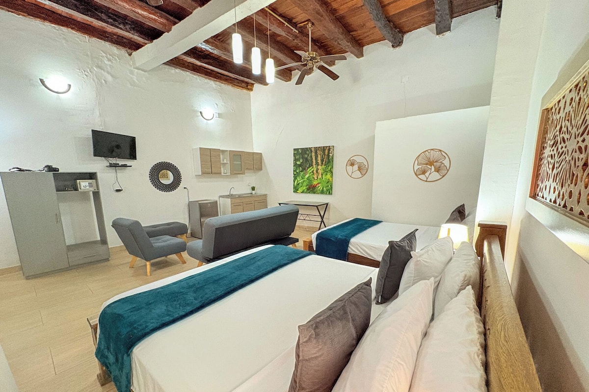 Un dormitorio moderno con dos camas, un escritorio, un sofá y un televisor.