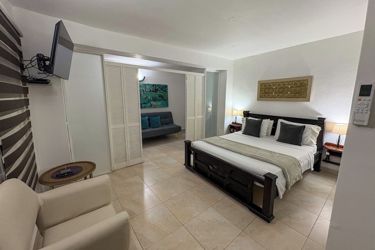 Una habitación de hotel con una cama, una silla, un televisor montado en la pared y un cuadro.