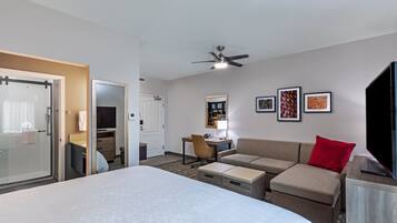 Pillowtop beds, desk, laptop workspace, soundproofing