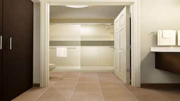 Hair dryer, towels, soap, shampoo