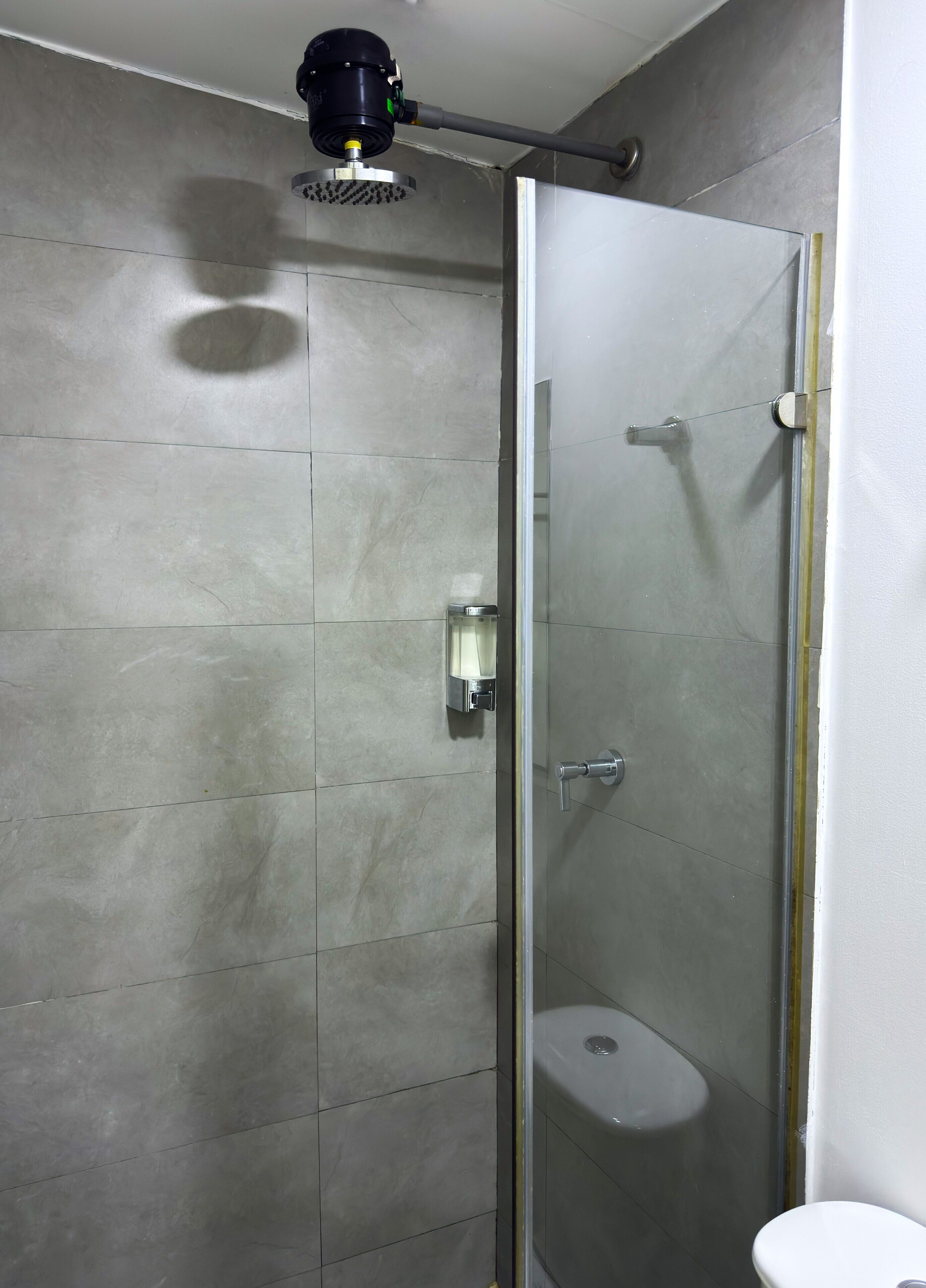 Dusche mit Glastür, Handbrause und Toilette, die durch die Tür sichtbar ist.