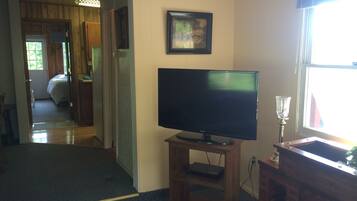 A living room with a flat-screen TV on a wooden stand, a framed picture on the wall, and a window with a view of greenery outside.