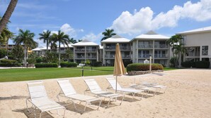 Una playa con sillas de playa y sombrillas blancas, palmeras y un hotel con varios balcones y fachada blanca.