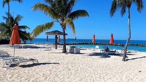 Una playa con sillas de descanso, palmeras y una vista despejada del océano.