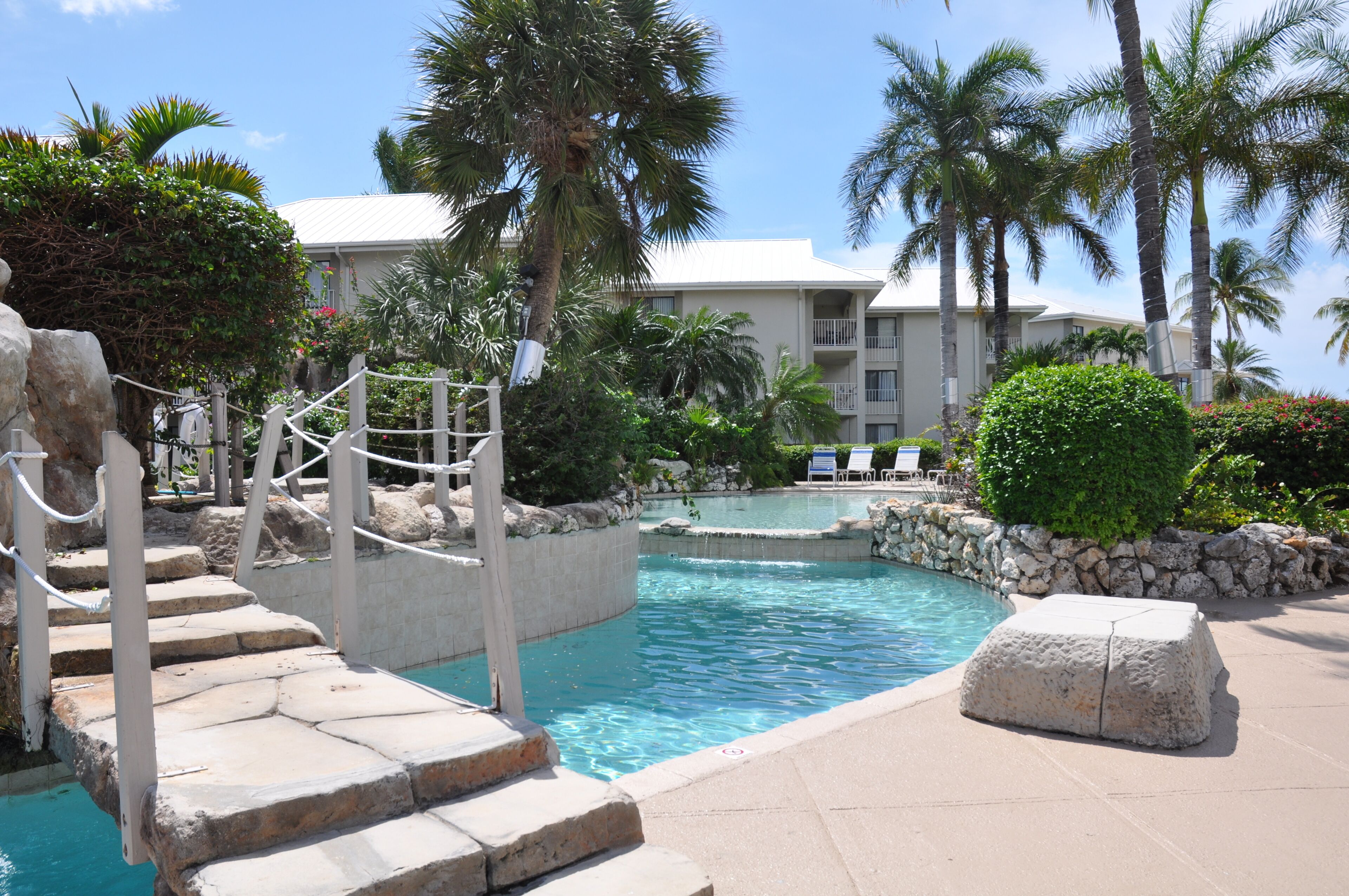 A pool area with stone steps, lounge chairs, and palm trees.