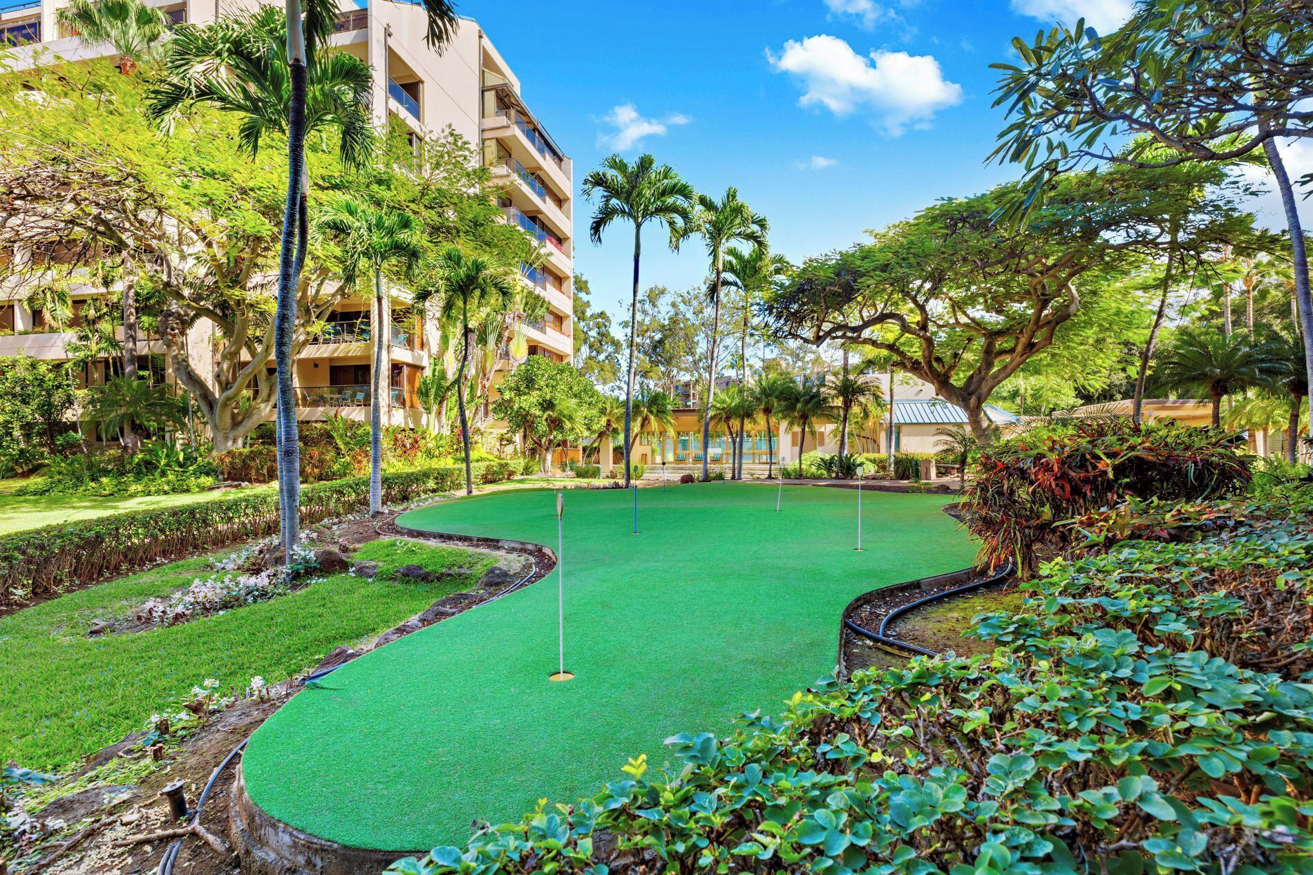 Campo de golf con un putting green rodeado de abundante vegetación y palmeras, junto a un edificio de varios pisos con balcones.