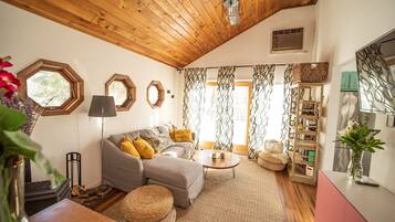 TV connectée, cheminée, livres, services de streaming