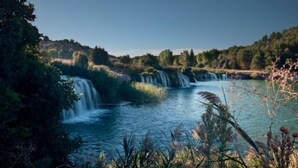 Een natuurlandschap met een waterval en omliggend groen.