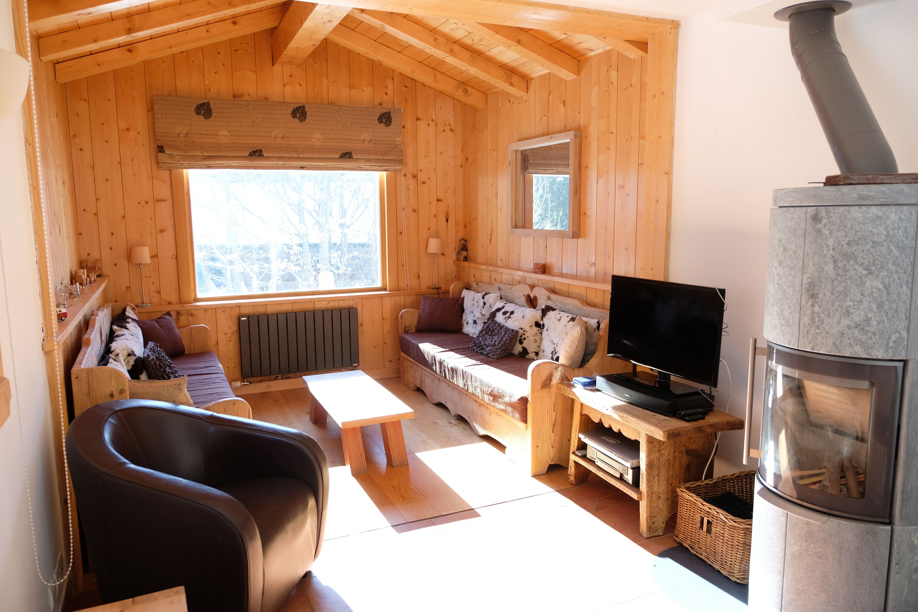 TV, caminetto, lettore DVD, libri