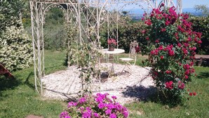 A gazebo with a metal frame and a table with chairs, surrounded by flowering plants and greenery.