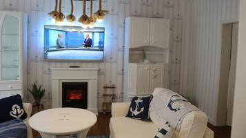 Flat-screen TV, fireplace, books