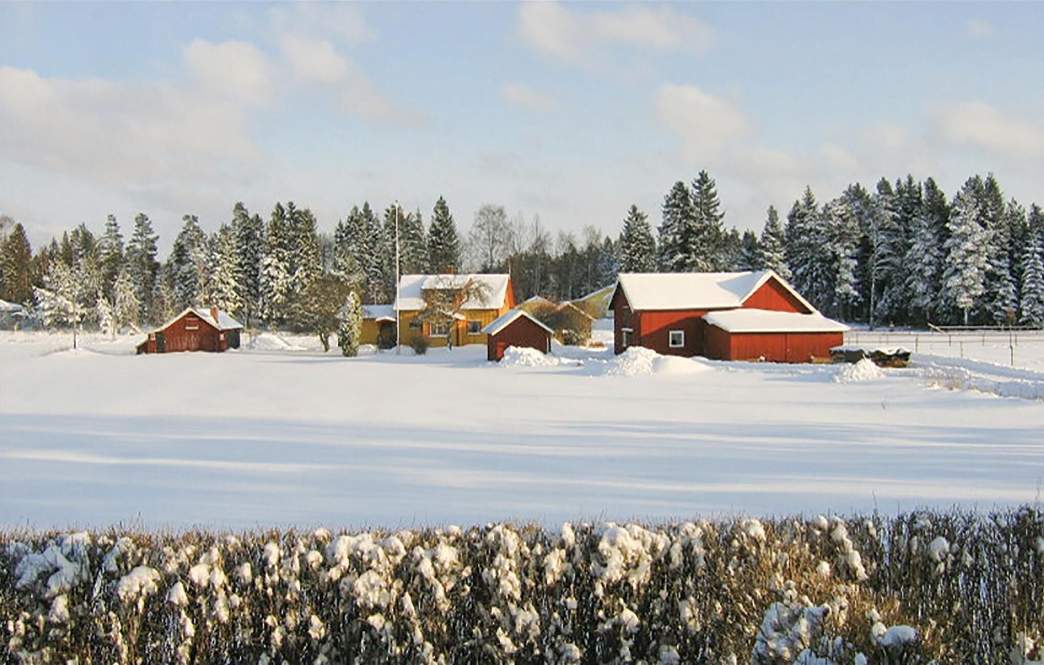 A snowy landscape with several red and yellow buildings, likely a rural or farm setting.