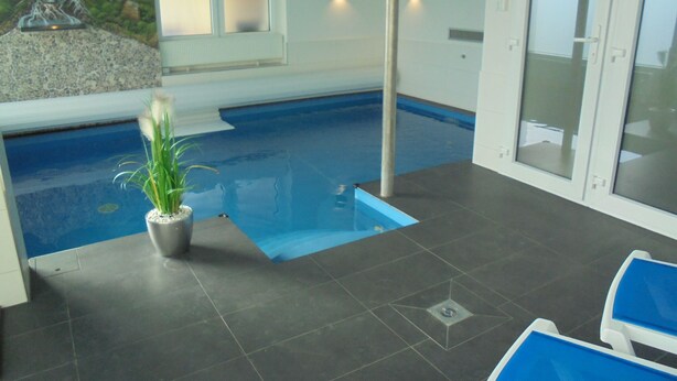 An indoor swimming pool with a mural of a waterfall, a potted plant, and a tiled floor. - New vacation home with indoor pool in the beautiful Thuringian Forest on the Rennsteig (Trusetal)