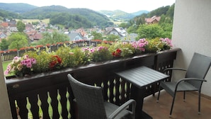 A balcony with wicker chairs and a table, overlooking a village with houses and greenery. - New vacation home with indoor pool in the beautiful Thuringian Forest on the Rennsteig (Trusetal)