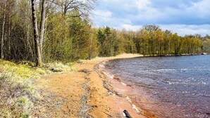 Une plage avec un rivage sablonneux, des arbres et une étendue d’eau.