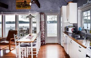 Fridge, stovetop, dishwasher, coffee/tea maker