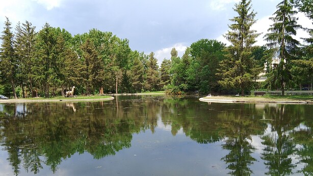 Ein ruhiger See mit Spiegelungen von Bäumen und einer Statue, umgeben von einem Park mit Bänken und einem weißen Gebäude im Hintergrund.