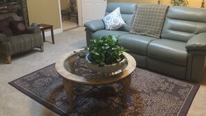 A living room with a green sofa, a coffee table with a plant, a patterned rug, and a lamp.
