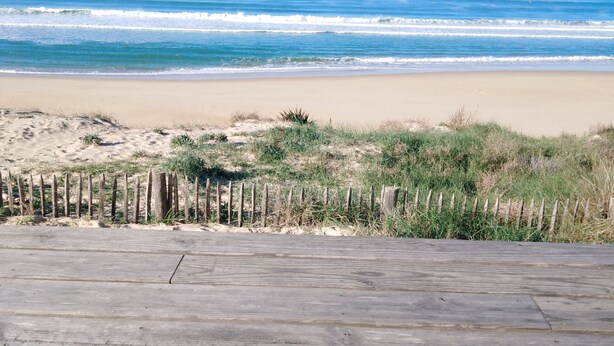 Un pont de fusta amb vistes a la platja i l'oceà.