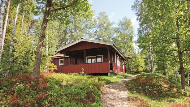 A cabin with a sloped roof, surrounded by dense forest.