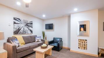 Een smart-tv, een open haard en boeken