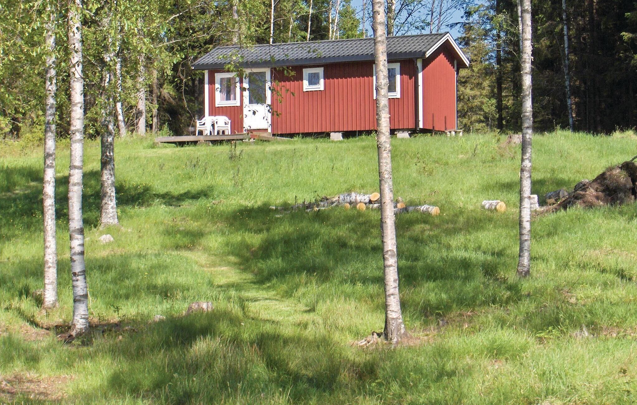 Une cabane rouge avec un porche et deux chaises, entourée de bouleaux et d’herbe.