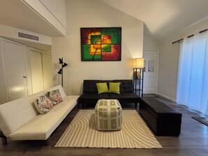 Smart TV, fireplace, DVD player, books