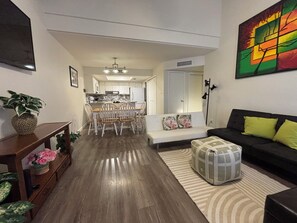 Smart TV, fireplace, DVD player, books