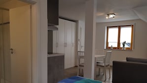 Een slaapkamer met een bed, een raam met uitzicht, een kitchenette en een eethoek.