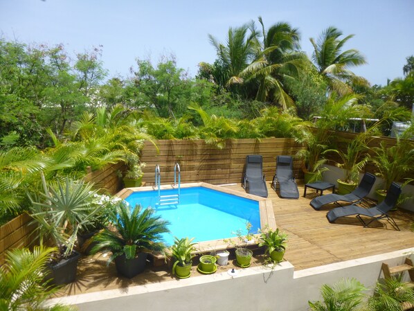 Relax by the serene pool surrounded by lush greenery and palm trees, with a ladder for easy access and lounge chairs for unwinding.