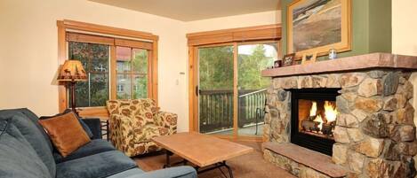 Una televisión, una chimenea, un reproductor de DVD