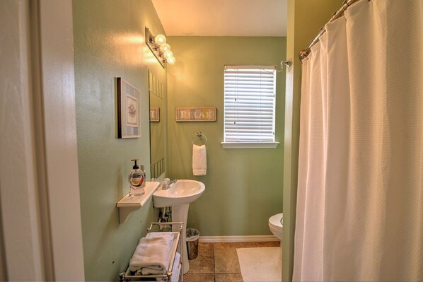 Une salle de bain avec un lavabo, des toilettes et un rideau de douche.